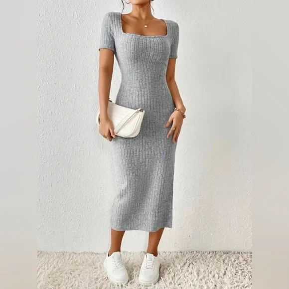 Soft Gray Ribbed Square Neck Side Slit Midi Dress - Picture 3 of 5